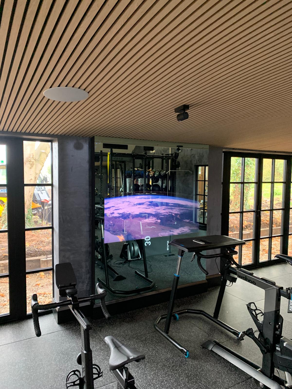 Modern home gym with mirror TV by CS Glaziers