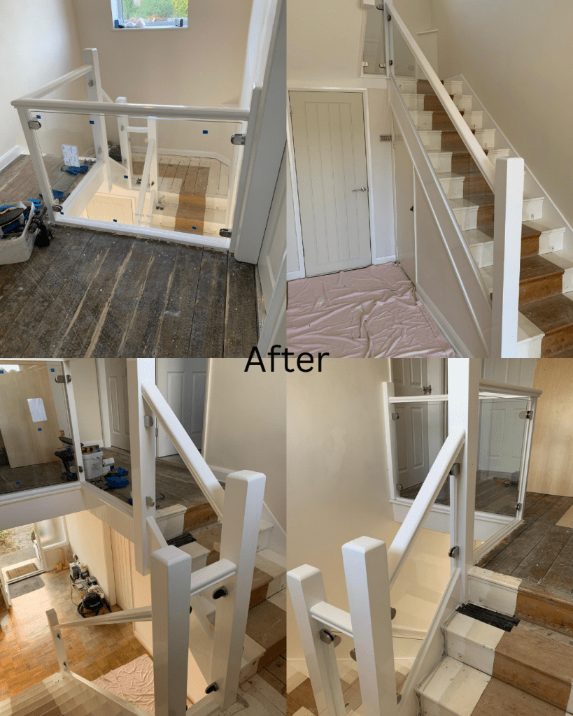 Glass Balustrade Installation in Chester on white-painted staircase using TUFF CYMRU toughened glass