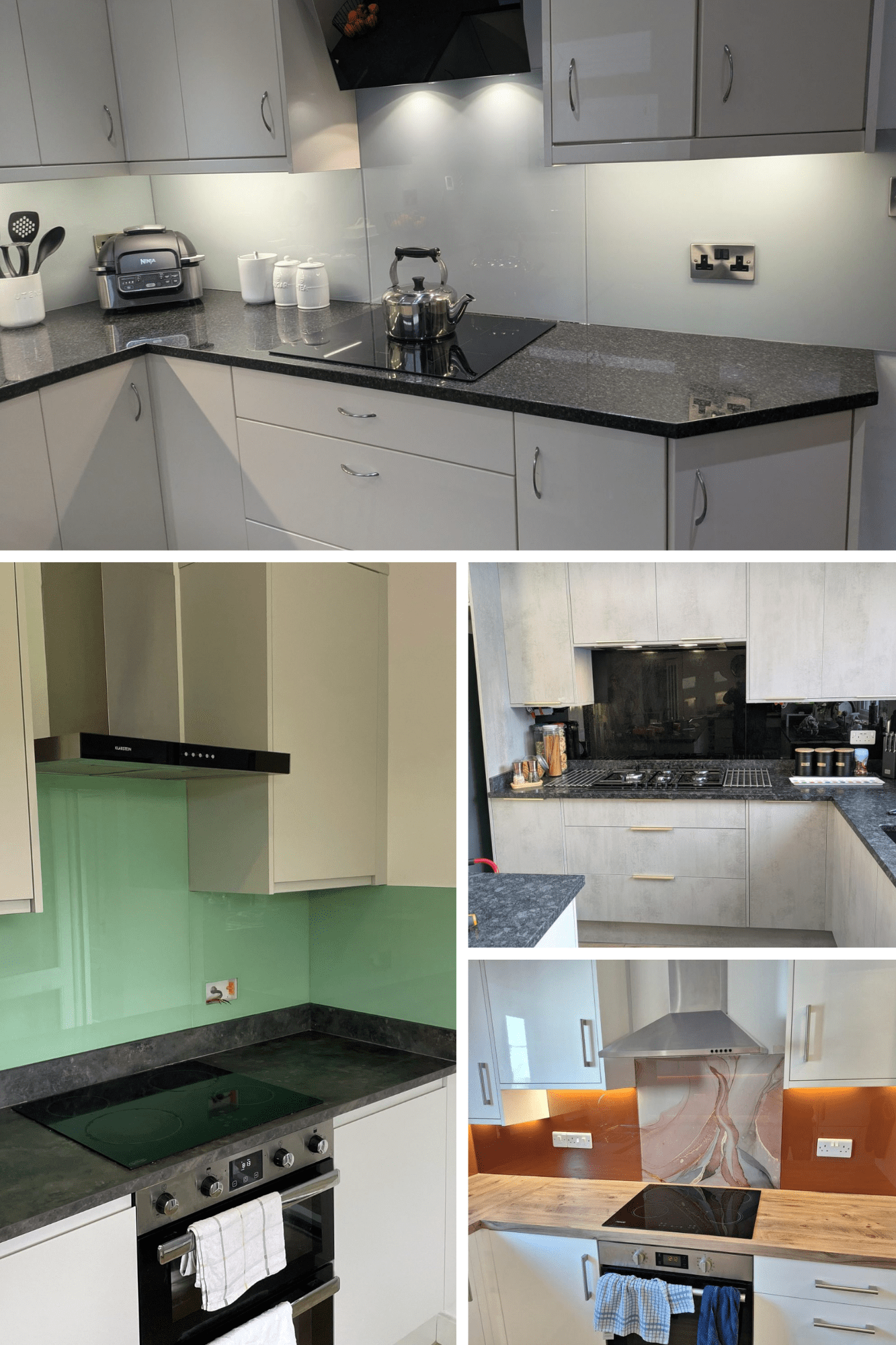 Bespoke painted glass splashback colour-matched to Popular brand Paints and RAL shades 