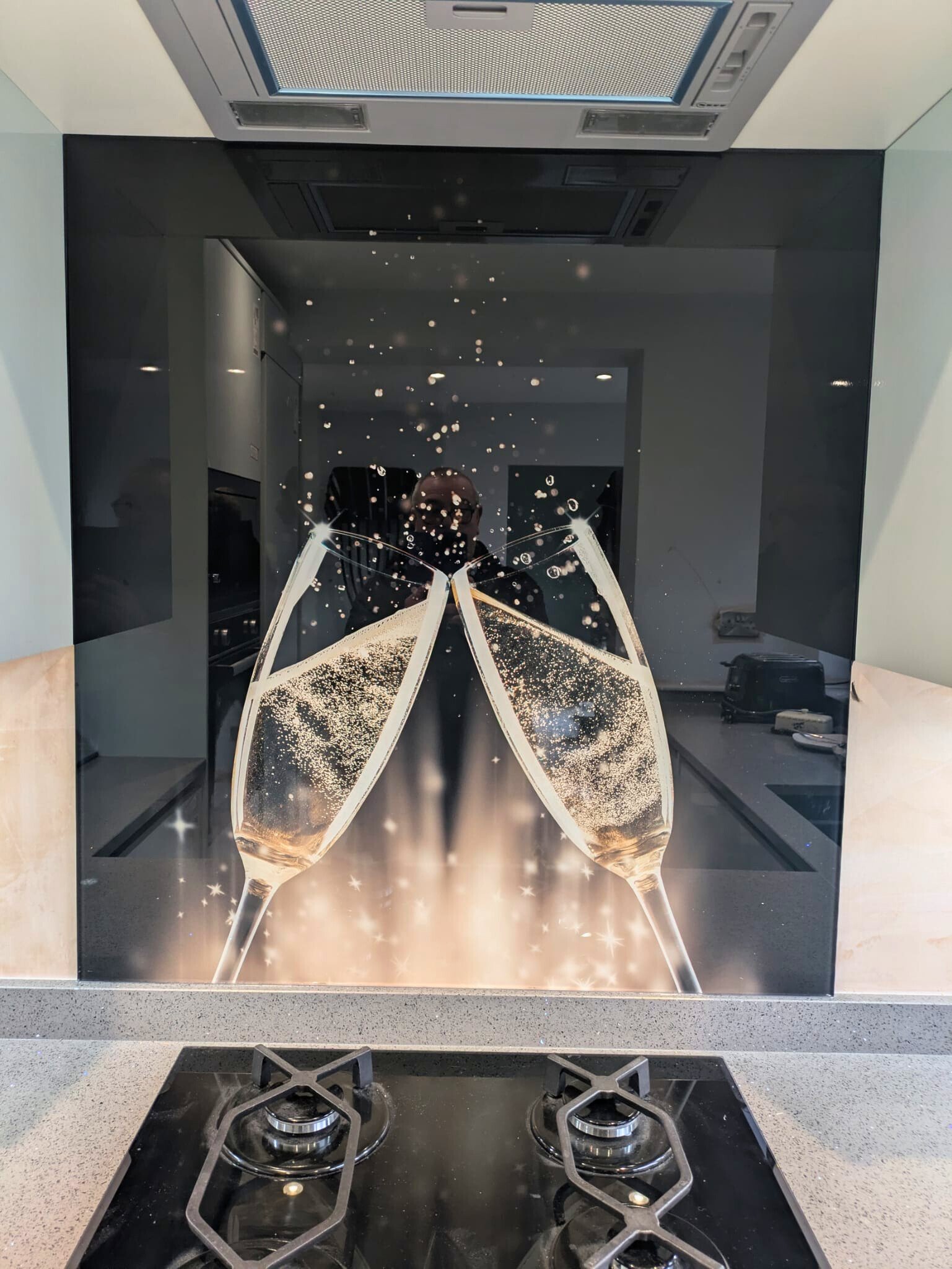 Bespoke printed glass splashback luxury champagne design
