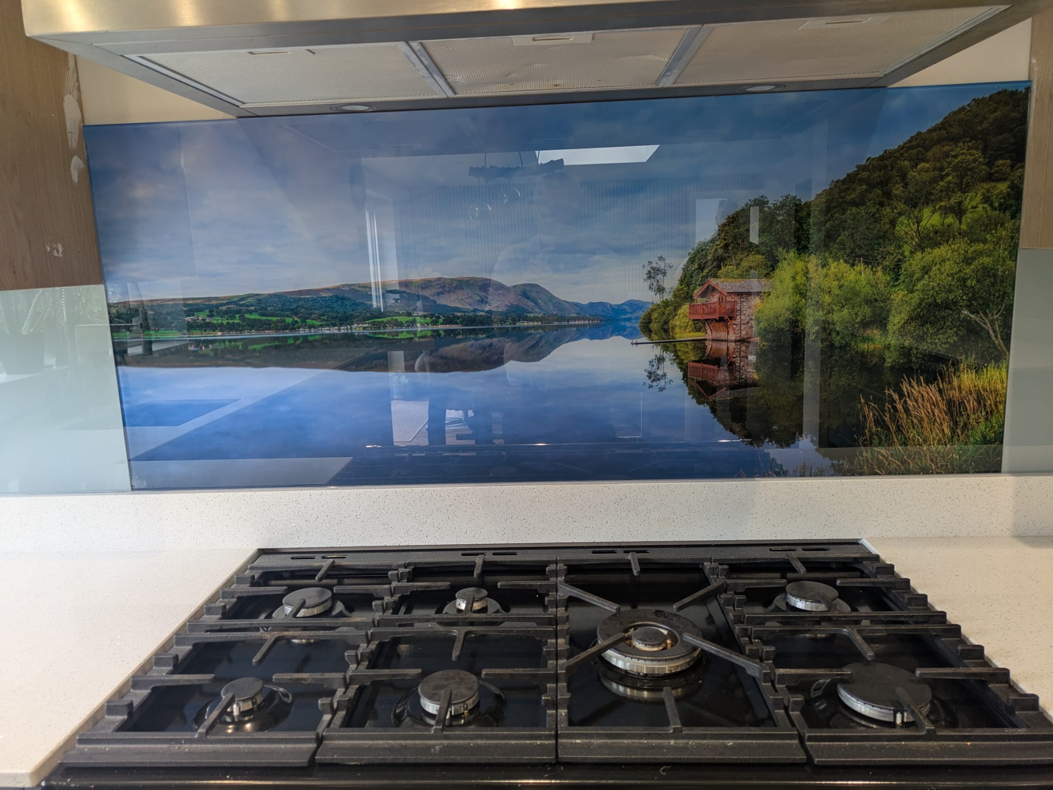 Printed glass kitchen splashback featuring Pooley Bridge Lake House on Ullswater